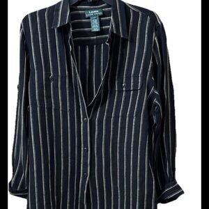 LAUREN RALPH LAUREN Silk & Linen
Button Blouse Womens Large Black Tan striped